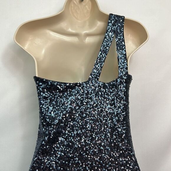 Aqua Navy Blue Sequins one Shoulder Body Con mini dress size medium EUC - Picture 6 of 10